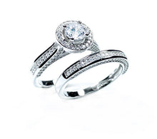 Load image into Gallery viewer, STERLING SILVER HALO STYLE ROUND CUBIC ZIRCONIA RING SET