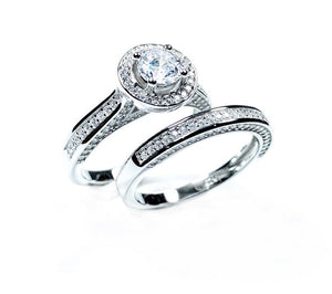 STERLING SILVER HALO STYLE ROUND CUBIC ZIRCONIA RING SET