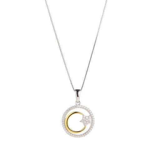 STERLING SILVER CZ STAR YELLOW MOON CIRCLE PENDANT