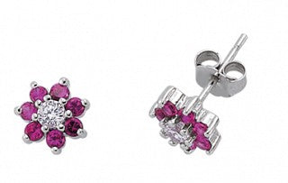 STERLING SILVER RUBY CZ FLOWER EARRINGS