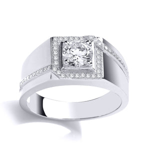MENS STERLING SILVER CZ PICTURE FRAME SOLITAIRE SIGNET RING