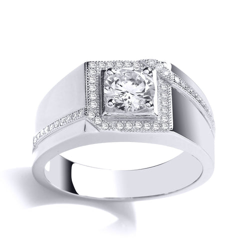 MENS STERLING SILVER CZ PICTURE FRAME SOLITAIRE SIGNET RING
