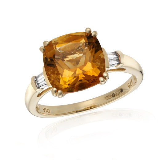 9CT YELLOW GOLD DIAMOND & DARK CITRINE RING