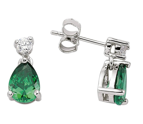 STERLING SILVER PEAR CUT EMERALD DROP EARRINGS