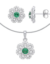 Load image into Gallery viewer, STERLING SILVER EMERALD AND CZ FLOWER EARRINGS AND NECKLACE SET