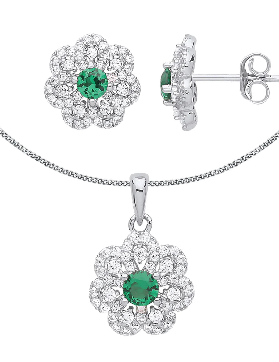 STERLING SILVER EMERALD AND CUBIC ZIRCONIA FLOWER CLUSTER EARRINGS NECKLACE SET