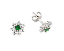 Load image into Gallery viewer, STERLING SILVER EMERALD CUBIC ZIRCONIA FLOWER EARRINGS