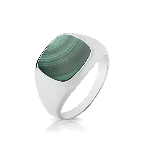 GENTS STERLING SILVER MALACHITE CUSHION SIGNET RING