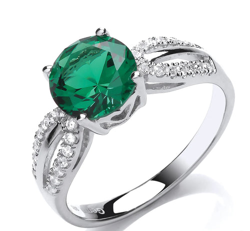 STERLING SILVER EMERALD SHOULDER SET SOLITAIRE RING