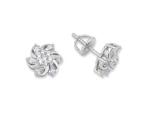 STERLING SILVER TAPERED FLOWER CUBIC ZIRCONIA EARRINGS