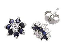 Load image into Gallery viewer, STERLING SILVER SAPPHIRE CUBIC ZIRCONIA FLOWER EARRINGS