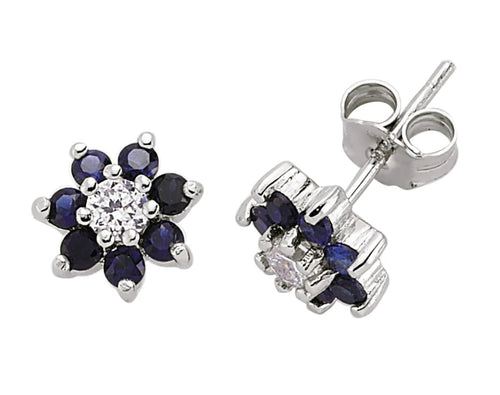 STERLING SILVER SAPPHIRE CUBIC ZIRCONIA FLOWER EARRINGS