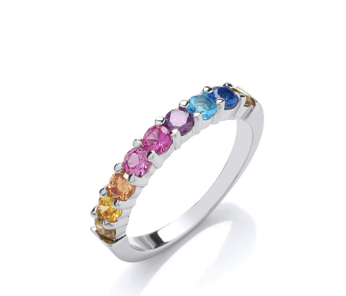 STERLING SILVER MULTICOLOUR RAINBOW CUBIC ZIRCONIA RING