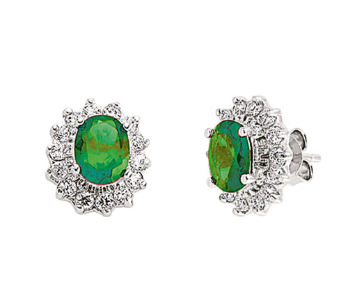 STERLING SILVER OVAL EMERALD CLUSTER EARRINGS