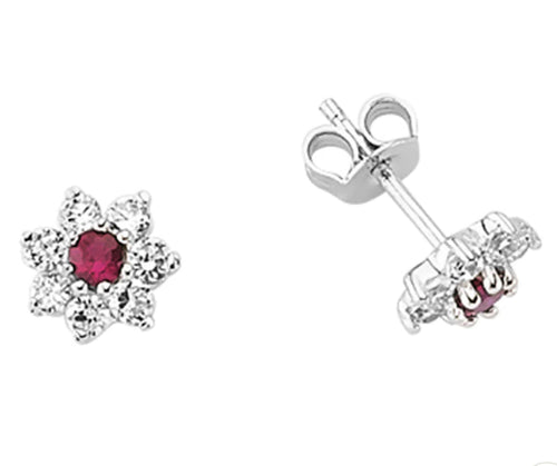 STERLING SILVER RUBY CUBIC ZIRCONIA FLOWER EARRINGS