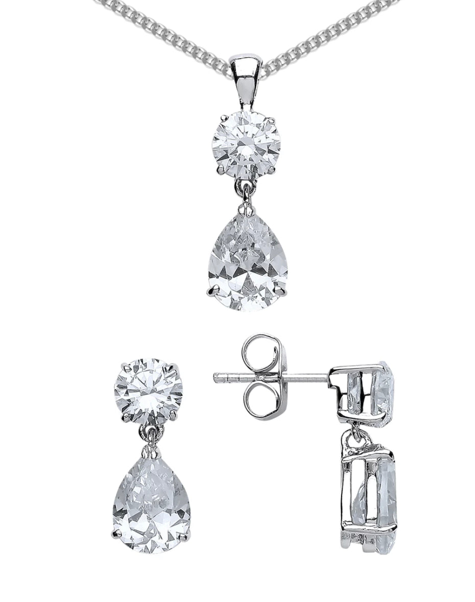 STERLING SILVER PEAR CZ DROP NECKLACE AND EARRING SET