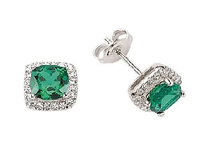 STERLING SILVER EMERALD PRINCESS CUT HALO STUD EARRINGS