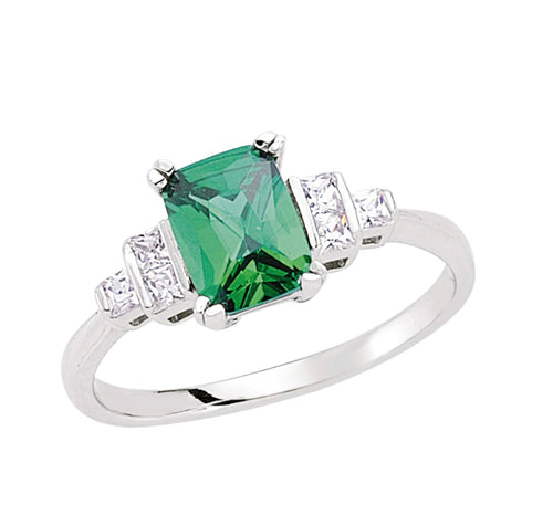 STERLING SILVER PRINCESS CUT EMERALD CUBIC ZIRCONIA RING