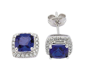 STERLING SILVER SAPPHIRE PRINCESS CUT HALO EARRINGS