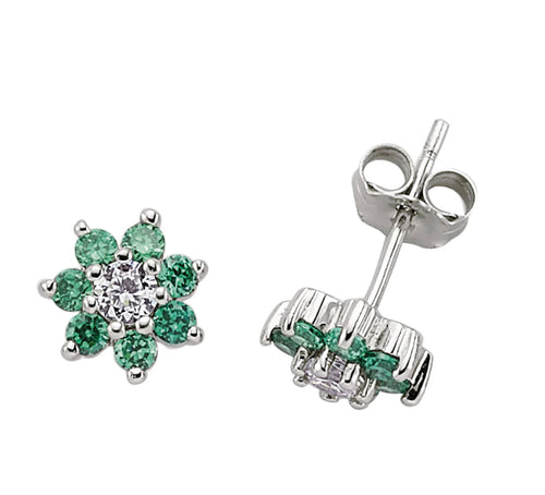 STERLING SILVER EMERALD CUBIC ZIRCONIA FLOWER EARRINGS