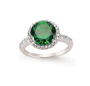 STERLING SILVER EMERALD HALO CUBIC ZIRCONIA RING