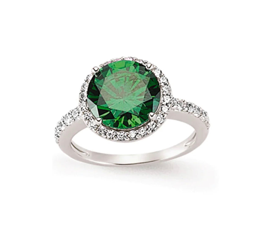 STERLING SILVER EMERALD HALO CUBIC ZIRCONIA RING