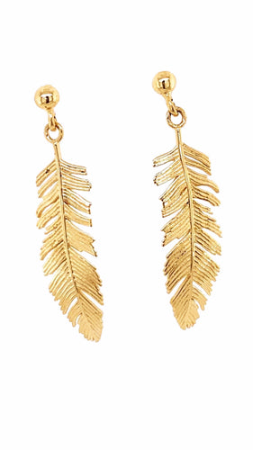 9CT YELLOW GOLD FEATHER DROP EARRINGS