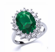 Load image into Gallery viewer, STERLING SILVER OVAL EMERALD AND CUBIC ZIRCONIA CLUSTER SOLITAIRE RING