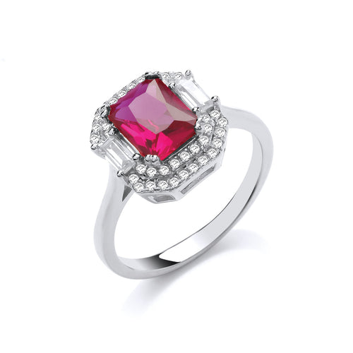 STERLING SILVER EMERALD CUT RUBY CZ OCTAGON RING