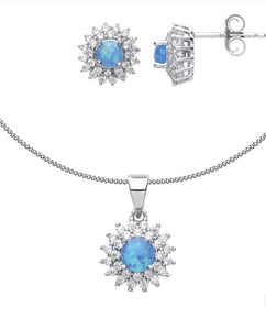 STERLING SILVER BLUE OPAL SUNSHINE CLUSTER EARRINGS NECKLACE SET