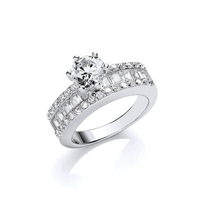 STERLING SILVER ROUND BAGUETTE SOLITAIRE RING