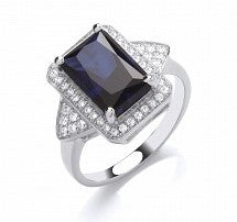 STERLING SILVER EMERALD CUT SAPPHIRE RING