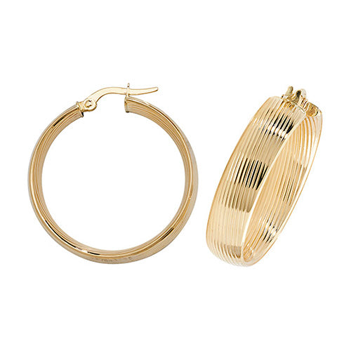 9CT RICH YELLOW GOLD ETCHED HOOP EARRINGS