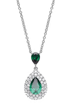 Load image into Gallery viewer, STERLING SILVER EMERALD PEAR CUT CUBIC ZIRCONIA HALO PENDANT NECKLACE