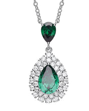 Load image into Gallery viewer, STERLING SILVER EMERALD PEAR CUT CUBIC ZIRCONIA HALO PENDANT NECKLACE