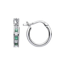 Load image into Gallery viewer, STERLING SILVER EMERALD CUBIC ZIRCONIA HUGGIE EARRINGS