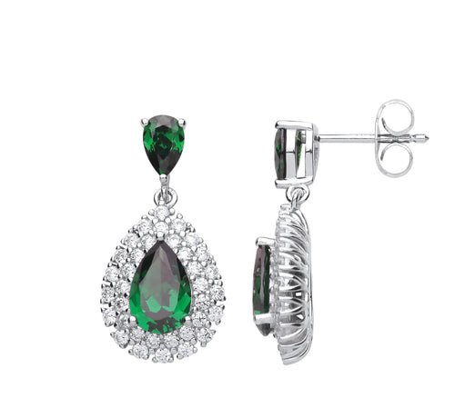 STERLING SILVER EMERALD PEAR CUT HALO DROP EARRINGS