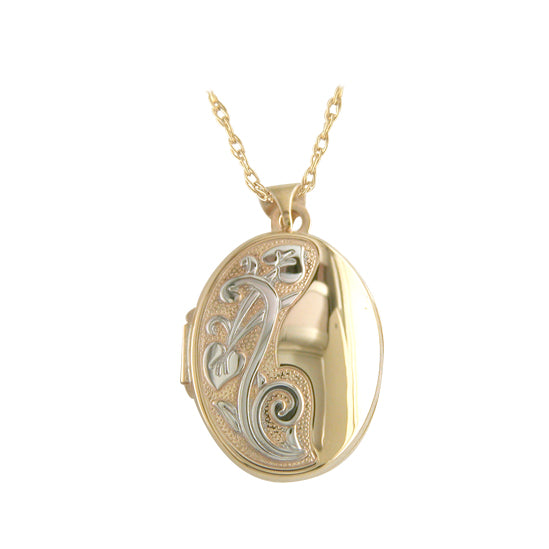9CT YELLOW AND WHITE GOLD ENGRAVED LOCKET