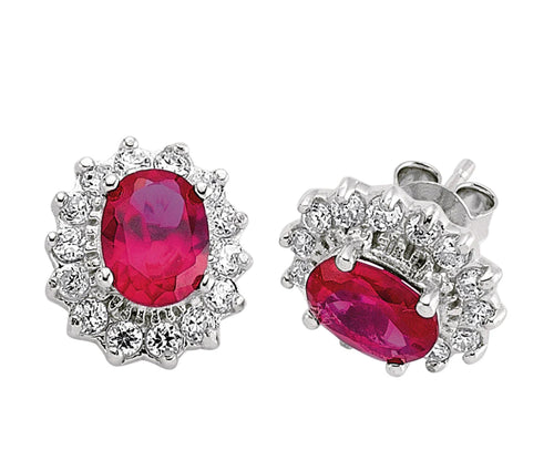 STERLING SILVER RUBY OVAL CUBIC ZIRCONIA CLUSTER EARRINGS