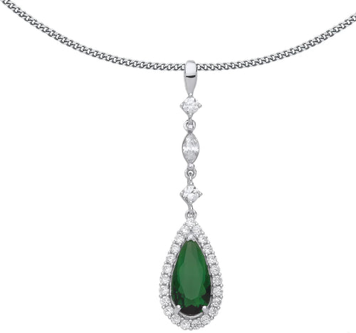 STERLING SILVER EMERALD PEAR CUT CUBIC ZIRCONIA HALO PENDANT NECKLACE