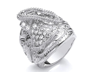 MENS STERLING SILVER CUBIC ZIRCONIA CARVED HORSE SADDLE SIGNET RING