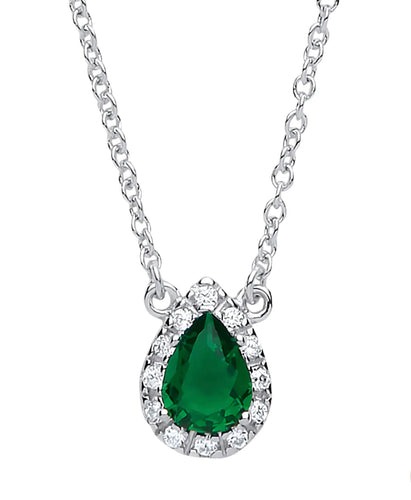 STERLING SILVER EMERALD CUBIC ZIRCONIA TEAR DROP NECKLACE