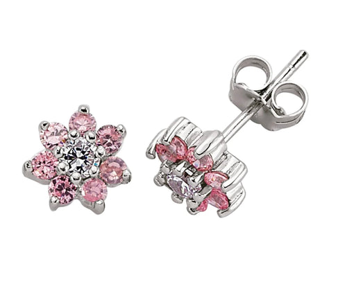 STERLING SILVER PINK CUBIC ZIRCONIA CLUSTER EARRINGS