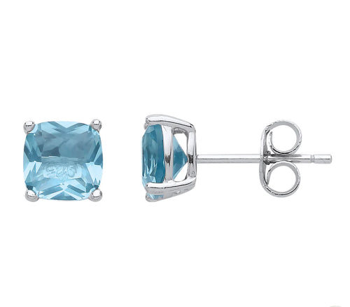 STERLING SILVER AQUA CUSHION 6MM STUD EARRINGS