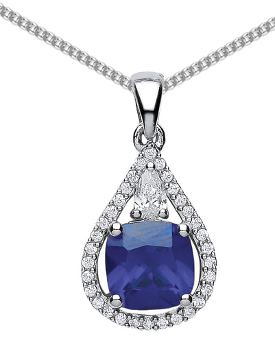 STERLING SILVER TANZANITE CUSHION CUT CUBIC ZIRCONIA PENDANT NECKLACE